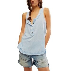 We The Free‎ People Tank Top Sleeveless Henley Shirt Blue Relaxed Fit Casual